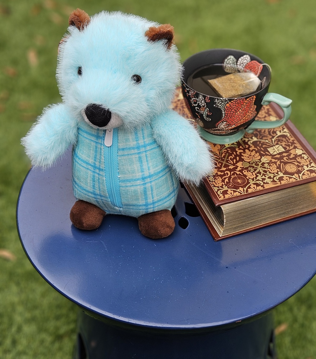 The Grounding Groundhog sitting on a small blue table beside a cup of tea and a book